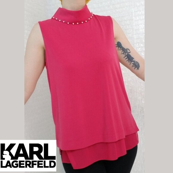 Karl Lagerfeld, High Collar Sleeveless Blouse, Pearl Details, Red, Sz XL - Picture 1 of 10
